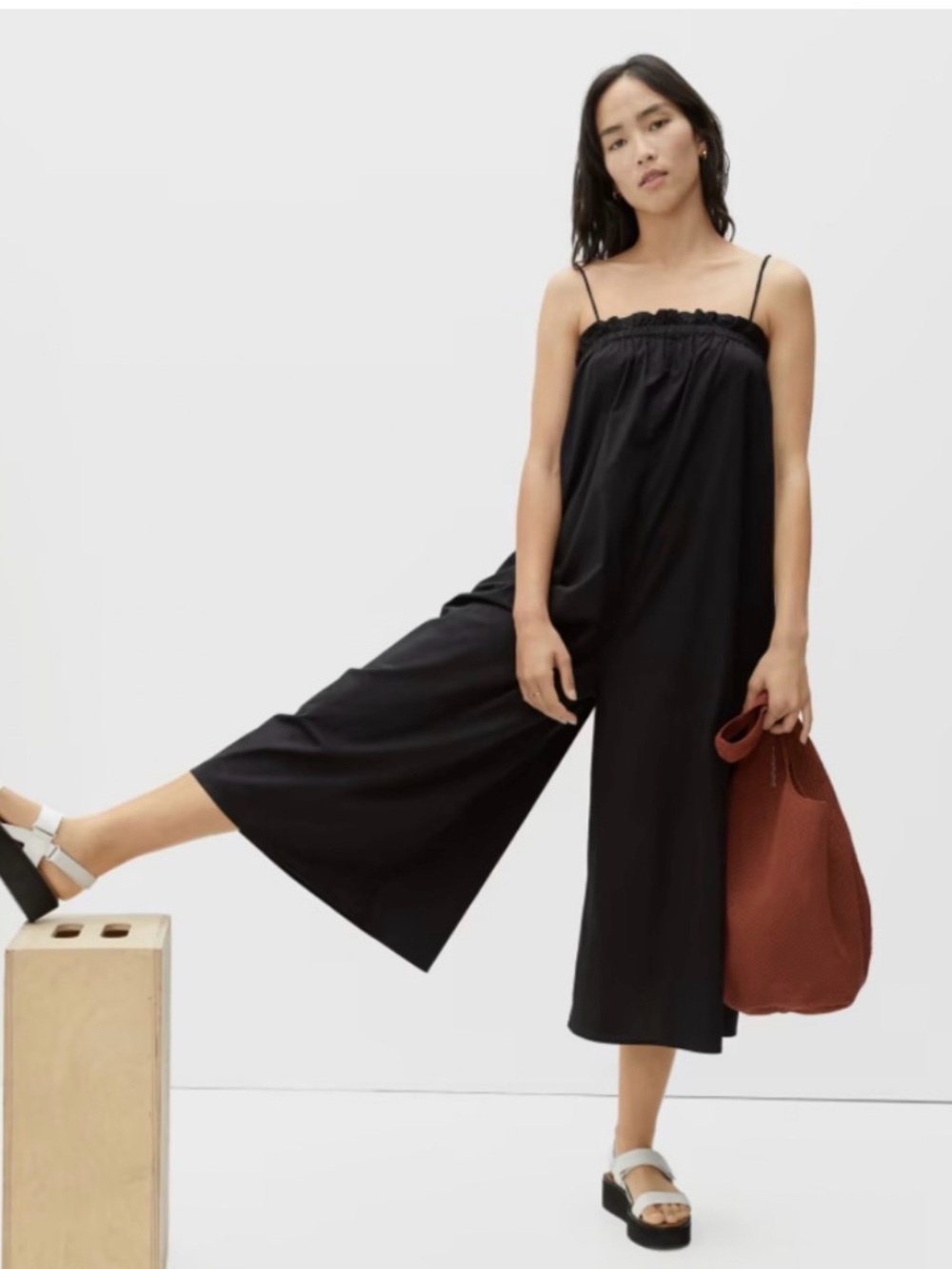 Everlane Black Wide‎ Leg Jumpsuit Size Small Cropped Cotton Strappy Baggy